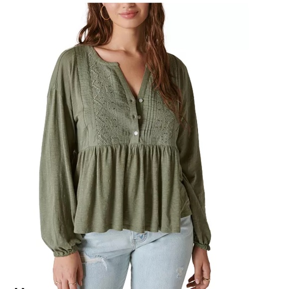 Lucky Brand Army Green Embroidered Baby Doll Long Sleeve Bohemian Top, S - Picture 1 of 9